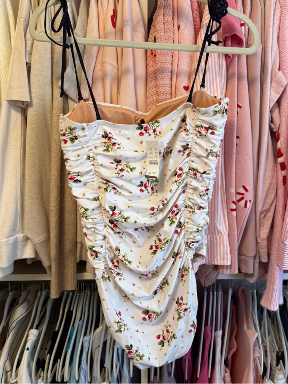 J. Crew White Strawberry Print Ruched One-Piece Swimsuit with Ties - Picture 3 of 4